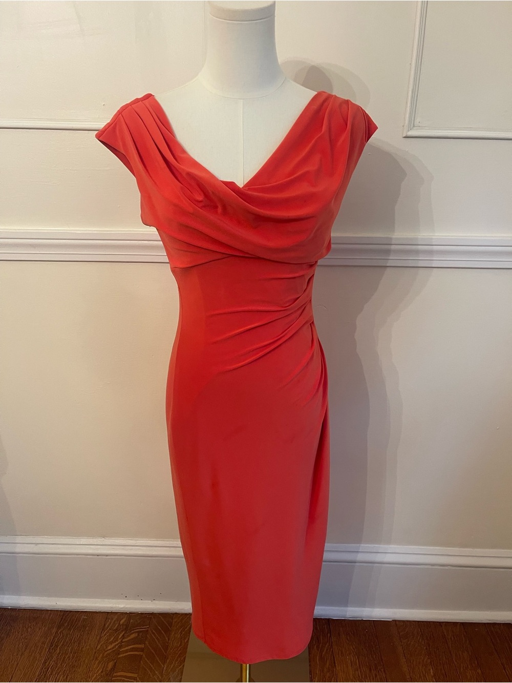 Ralph Lauren Orange Cowl Drape Neck Midi Dress